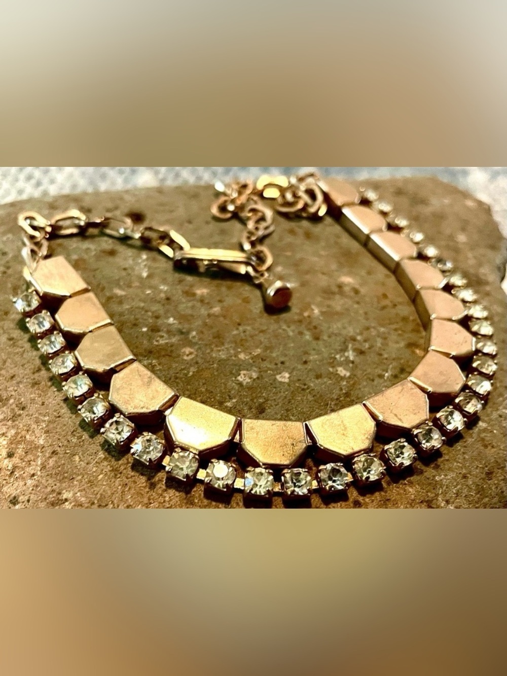 Vintage Gold Rhinestone Statement Necklace Collar Hex Tile 1950s Cocktail Glam